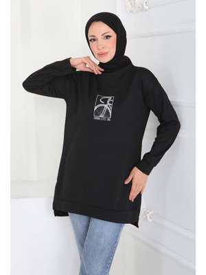 Sıyah Siyah Yanları Yırtmaçlı Baskı Detaylı Modal Tunik