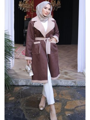 Kahverengi Kruvaze Yaka İçi Kürklü Süet Kaban