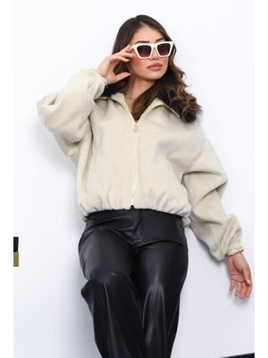 Taş Yaka Kürklü Oversize Bomber Kaşe Ceket