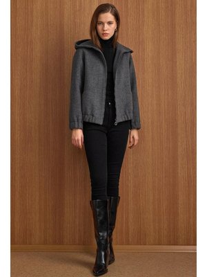 Koyu Gri Kapüşonlu Beli Lastikli Oversize Kısa Kaban