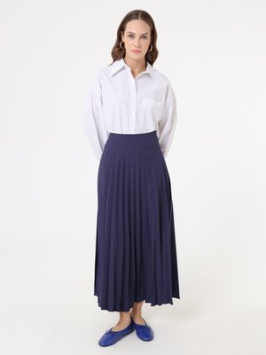 Lacivert Krep Kumaşlı Piliseli Klasik Etek