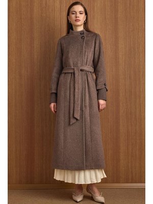 Latte Hakim Yaka Ribana Detaylı Uzun Moher Kaban