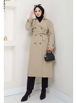 Taşlı Toka Detaylı Astarlı Açık Bej Trençkot