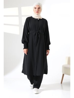 Siyah Keten Hac Ve Umre Kıyafeti Kemerli İkili Takım
