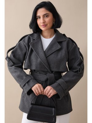 Kolu Apolet Kaşe Antrasit Kısa Kaban