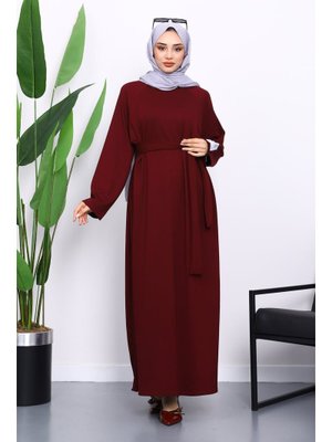 Bordo Kolu Armalı Reglan Kol Basic Modal Kuşaklı Elbise