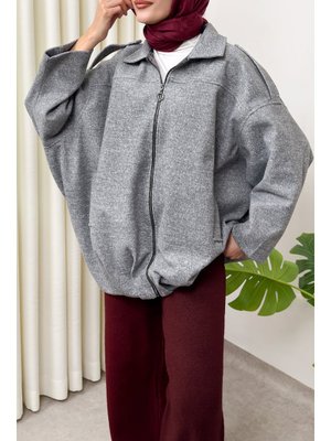 Gri Fermuarlı Oversize Kaşe Kaban