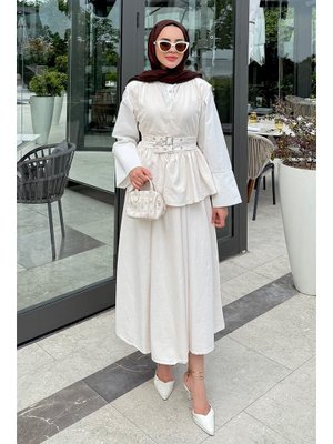 Ekru Tokalı Yelekli Denim Takım