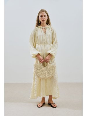 Sarı Yakası Büzgülü Keten Geniş Elbise