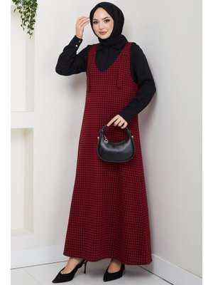 Kırmızı Kaz Ayağı Desen Jile Elbise