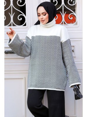 Desenli Ekru Triko Tunik Kazak 71502e