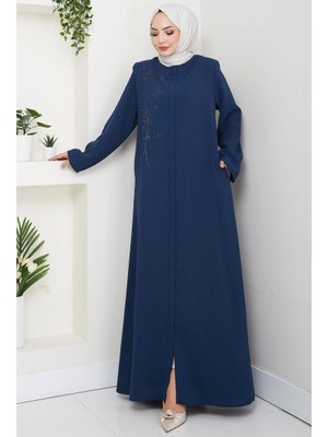 Petrol Çiçek Detay Taşlı Ferace