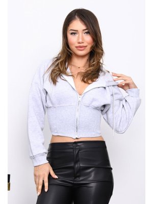 Gri Bel Korseli Üç İplik Fermuarlı Sweat Hırka