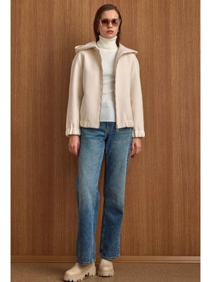 Ekru Kapüşonlu Beli Lastikli Oversize Kısa Kaban
