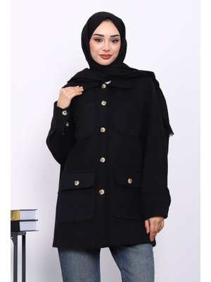 Siyah Cepli Düğmeli Kaşe Ceket