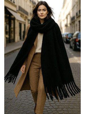 Siyah Püskül Detay Atkı Omuz Şalı 40x200 Cm 1295