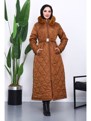 Taba Kapüşonlu Kapitone Uzun Şişme Mont