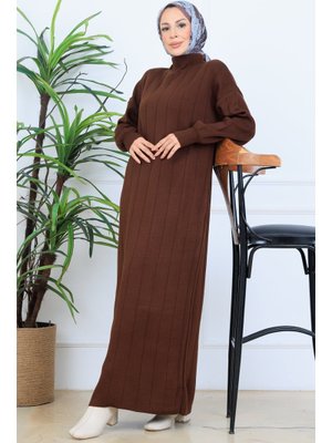 Kahverengi Fitilli Triko Elbise