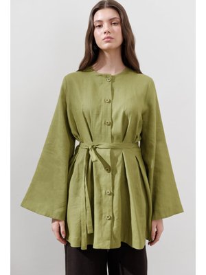 Keten Pensli Tunik Elma Yeşili