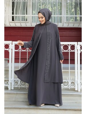 Boncuk İşlemeli Füme Abaya 29132fu