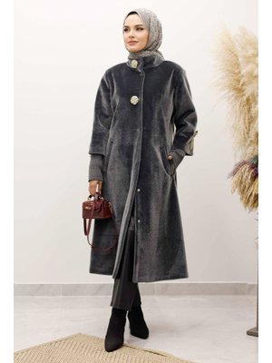 Gri Kol Ucu Triko Detaylı Angora Fox Kaban