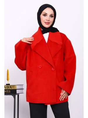 Kırmızı Çift Cepli Düğmeli Kaşe Kaban