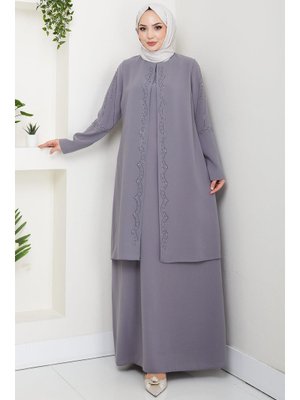 Gri Büyük Beden Boncuklu Taşlı Anne Elbisesi