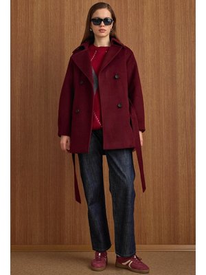 Mürdüm Apolet Detaylı Oversize Kısa Kaban