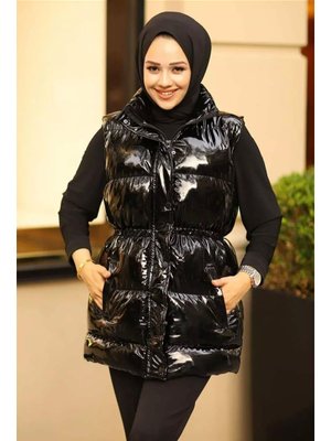 Çıt Çıtlı Fermuarlı Cepli Siyah Parlak Şişme Yelek