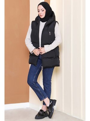 Siyah Sıyah Cep Detaylı Şişme Kapitone Yelek