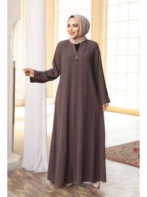 Boncuk İşlemeli Açık Kahverengi Ferace 29122akh