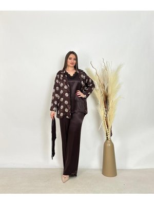 Büyük Beden Lü Bluzlu Pantolonlu Ceketli Takım Kahve