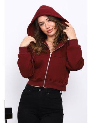 Bordo Kısa Kanguru Cepli Fermuarlı Üç İplik Sweat Hırka