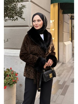 Koyu Kahverengi Kürk Yaka Leoparlı Kaban
