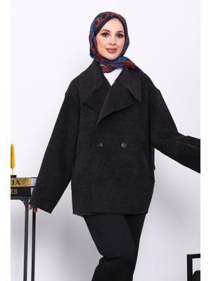 Antrasit Çift Cepli Düğmeli Kaşe Kaban