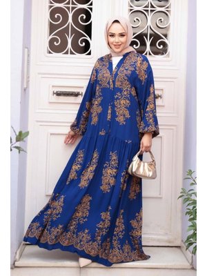 Çiçek Desenli Sax Mavisi Elbise 18241sx