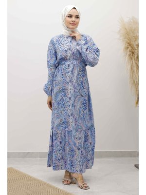 Mavi Şal Desen Kuşaklı Elbise