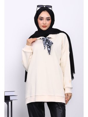 Krem Yaka Fular Detaylı Tunik