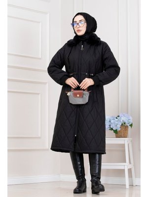 Siyah Yakası Kürklü Capitone Mont