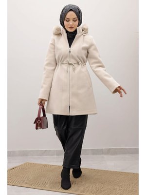 Bej Kapüşonlu Fermuarlı Fox Kaban