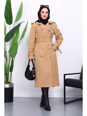 Camel Kruvaze Yaka Astarlı Trençkot