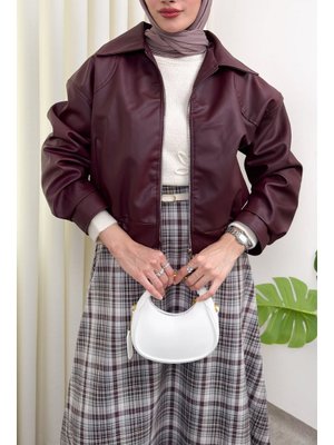 Bordo Beli Lastikli Suni Deri Ceket