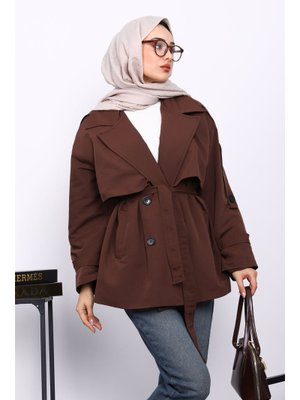 Kahverengi Kravuze Yaka Düğmeli Kısa Trençkot