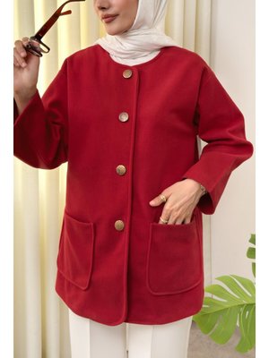 Kırmızı Kaşe Cepli Bisiklet Yaka Ceket