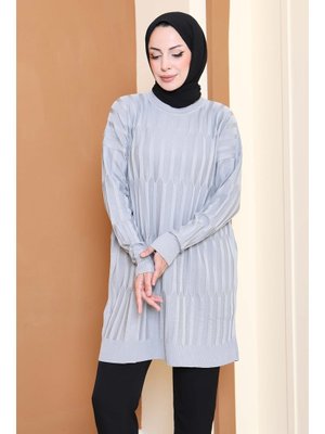 Gri Grı Janjanlı Triko Tunik