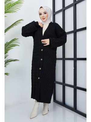Antrasit Sepet Örgü Düğmeli Tam Boy Triko Hırka