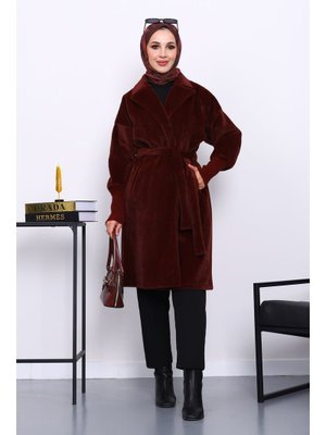 Bordo Bel Kuşaklı Çift Cepli Angora Kaban