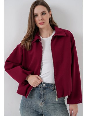 Bordo Büzgülü Oversize Kaşe Ceket