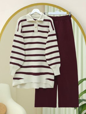 Bordo Polo Yaka Düğmeli Çizgili Triko Takım