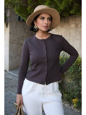 Basic Düğmeli Acı Kahve Waffle Hırka